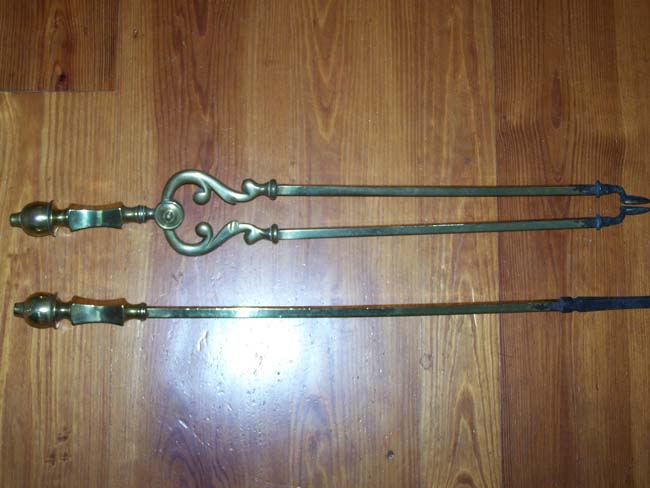 A Pair of early 19th century Brass Fire place tools including a poker and tongs — image 2
